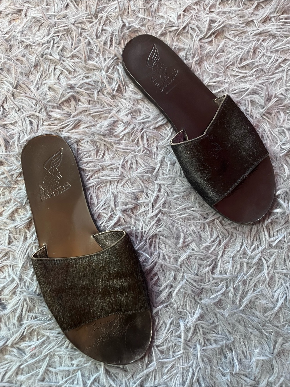 Ancient Greek Sandals Black Ponyhair Slides Sandals Size 11